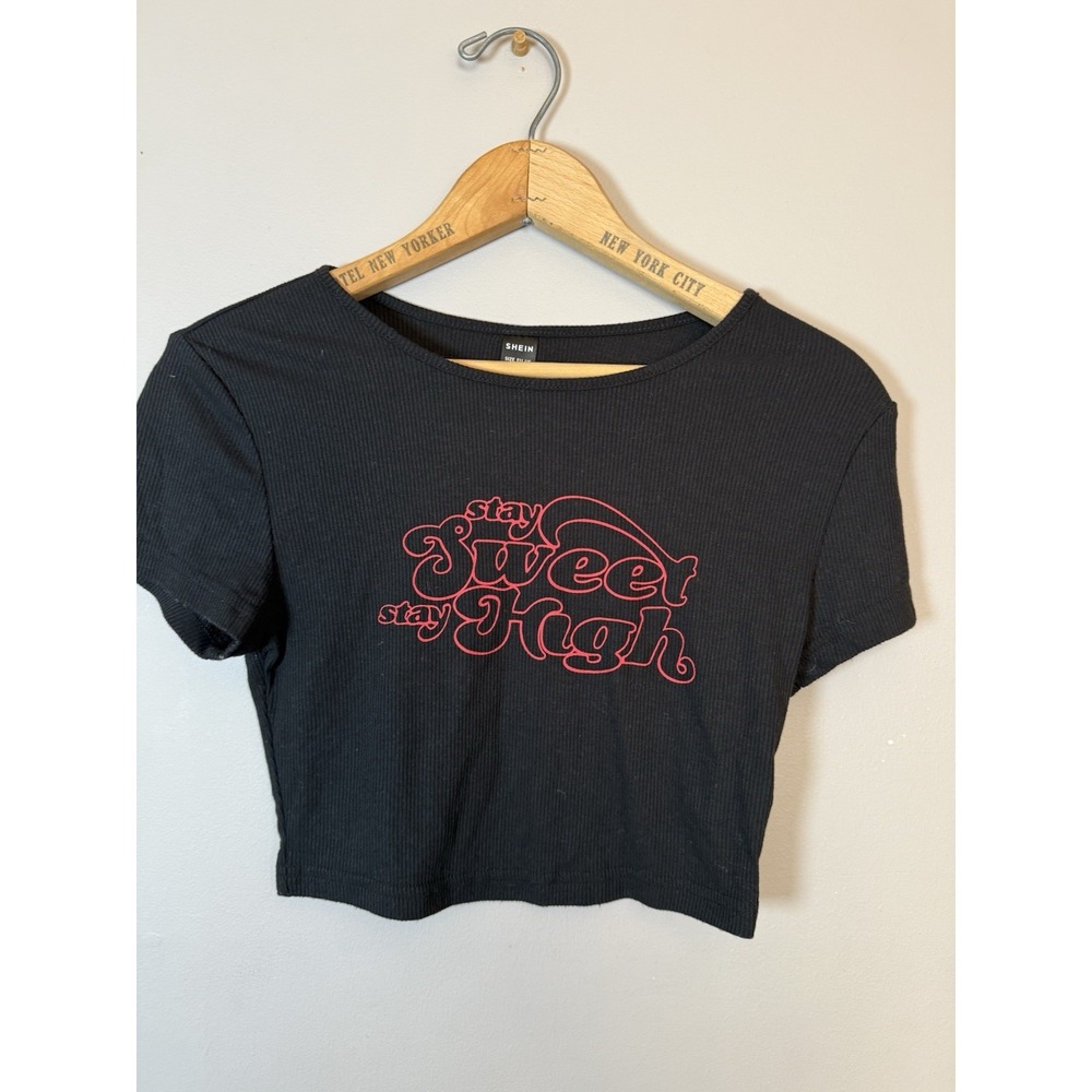 SHEIN Stay sweet Stay High Black Cropped ribbed t- Shirt
